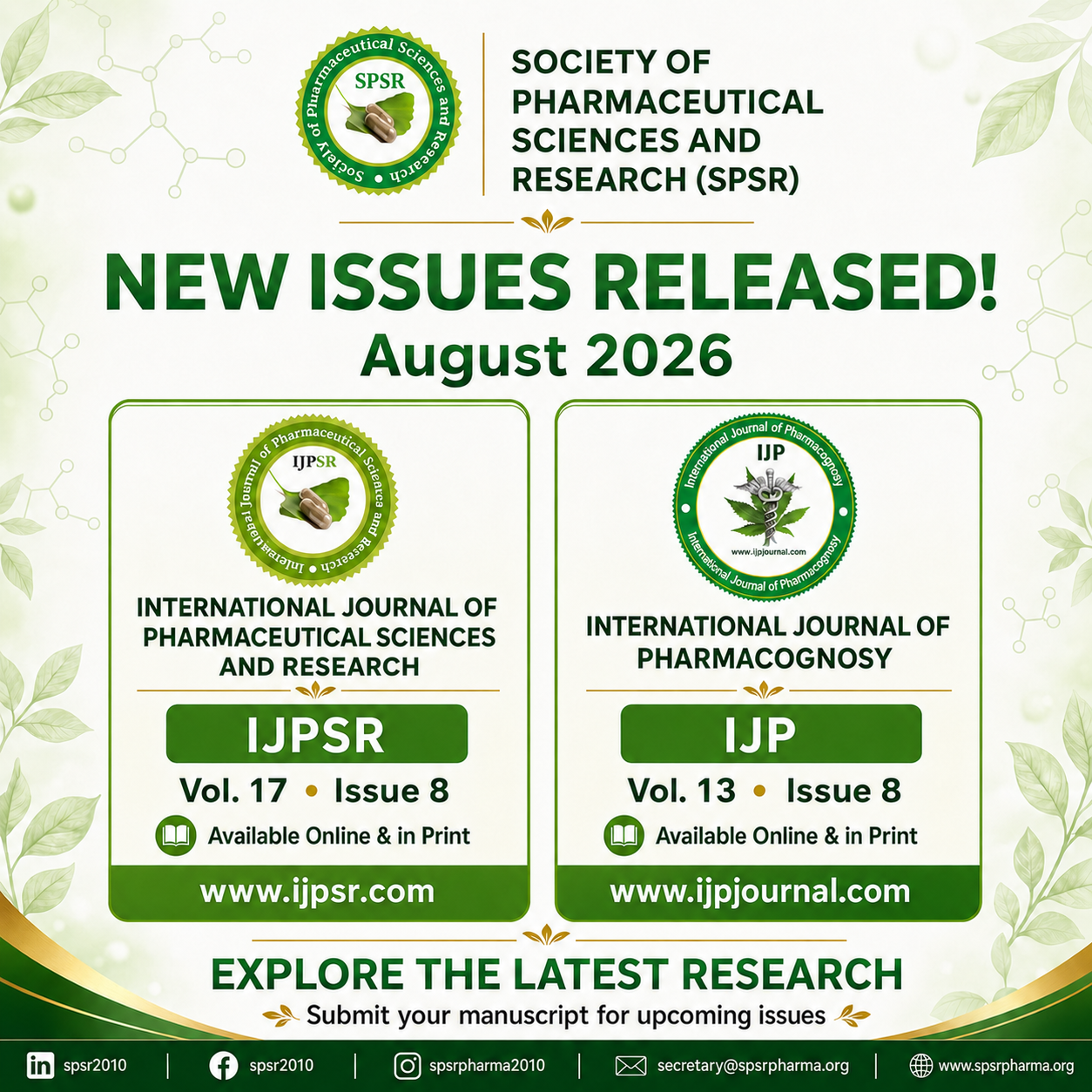 New Issue Released International Journal of Pharmaceutical Sciences and Research (IJPSR) & International Journal of Pharmacognosy (IJP)